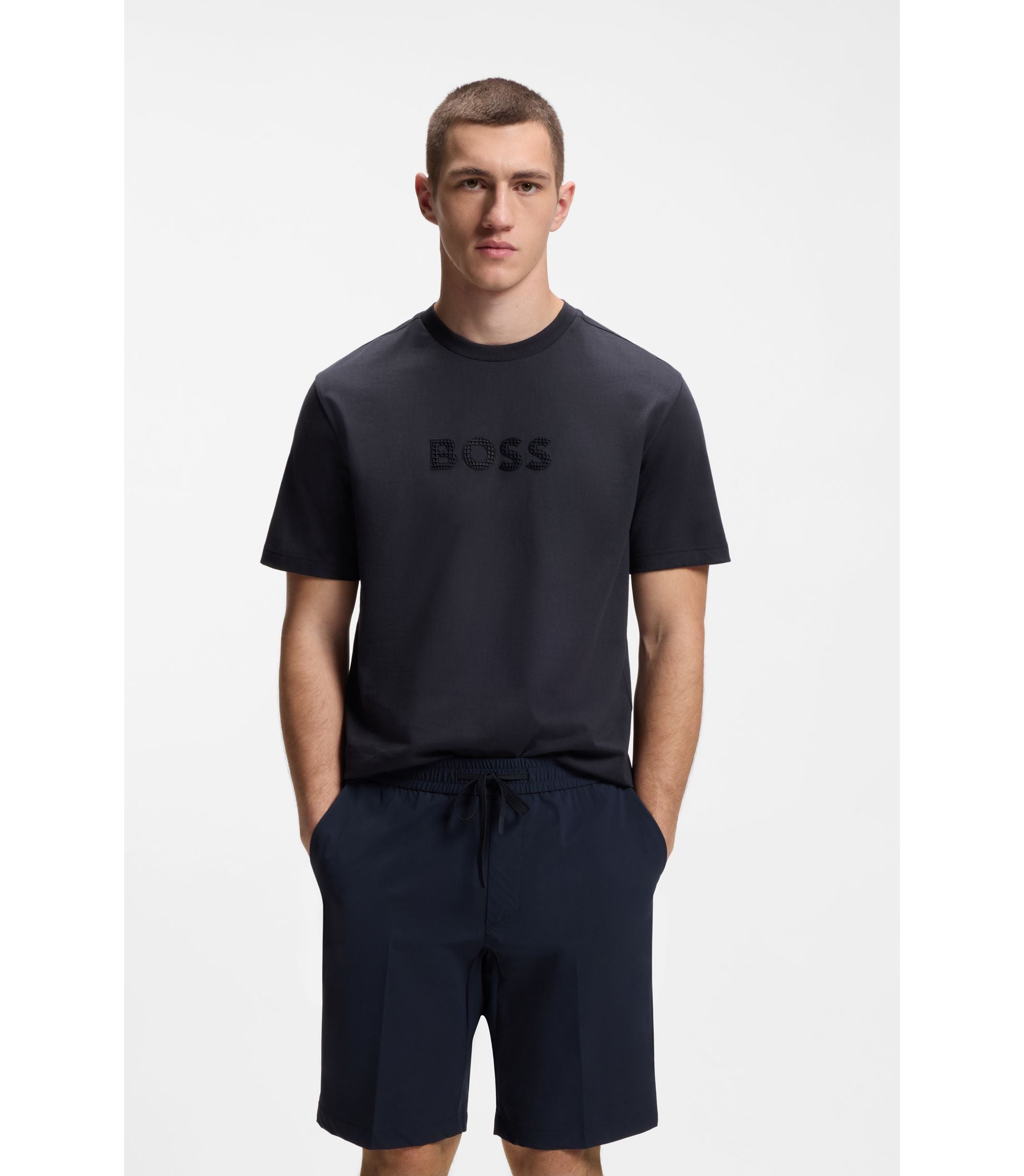 Boss Cotton Jersey T Shirt With Golf Inspired Logo Dark Blue