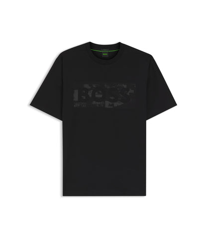 Boss Logo Artwork T Shirt In Stretch Cotton Black
