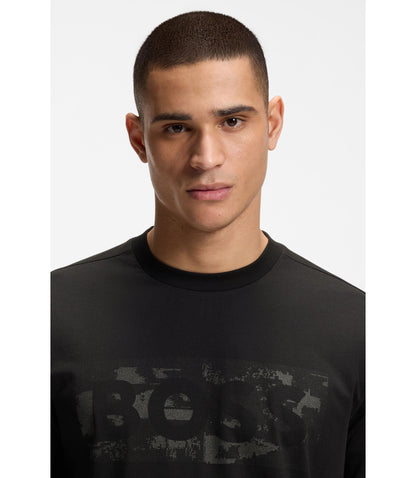 Boss Logo Artwork T Shirt In Stretch Cotton Black