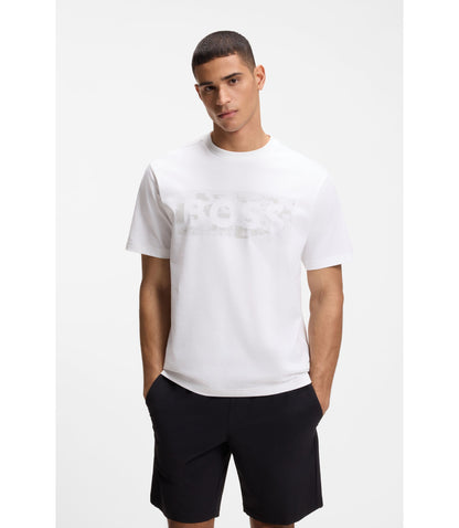 Boss Logo Artwork T Shirt In Stretch Cotton White
