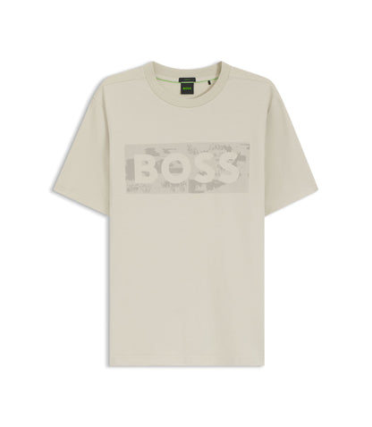 Boss Logo Artwork T Shirt In Stretch Cotton Light Beige