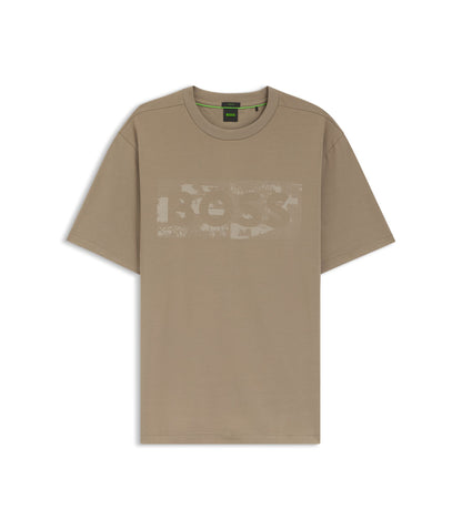 Boss Logo Artwork T Shirt In Stretch Cotton Light Green