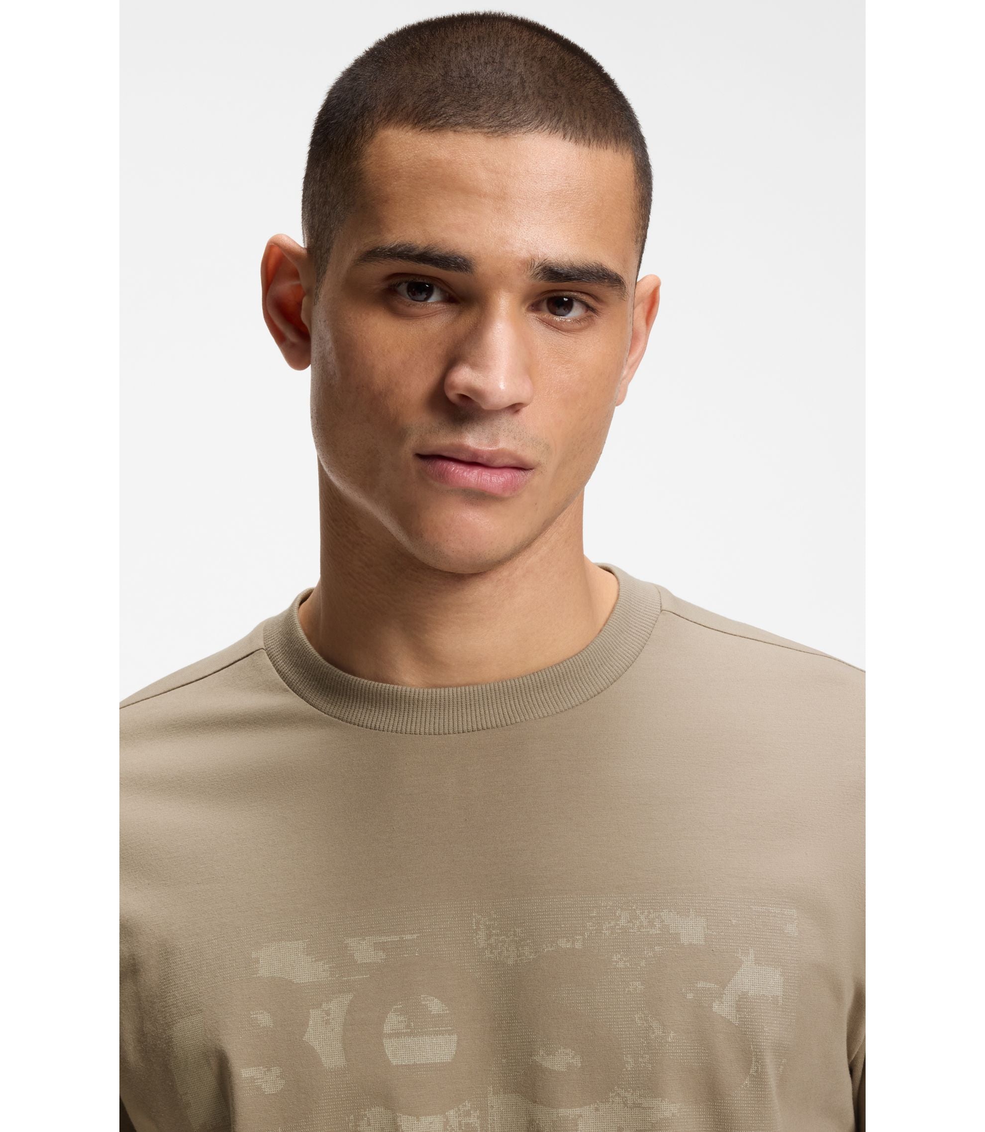 Boss Logo Artwork T Shirt In Stretch Cotton Light Green
