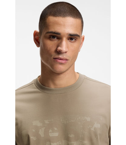 Boss Logo Artwork T Shirt In Stretch Cotton Light Green