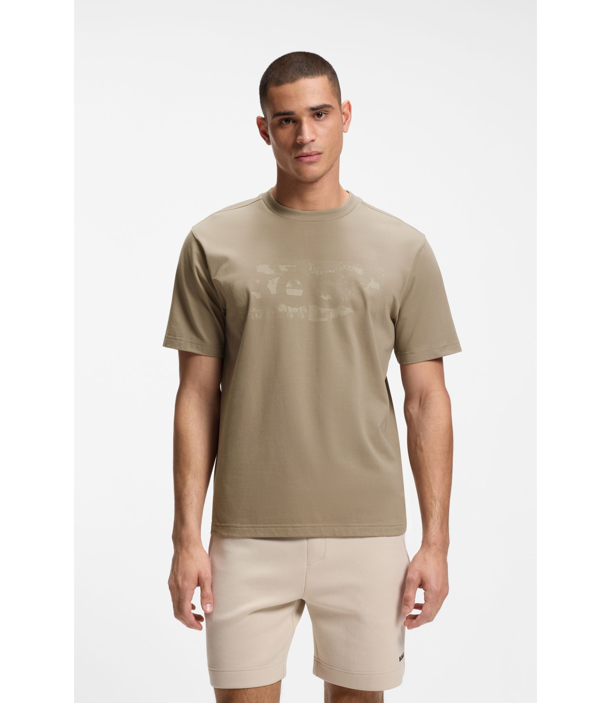Boss Logo Artwork T Shirt In Stretch Cotton Light Green