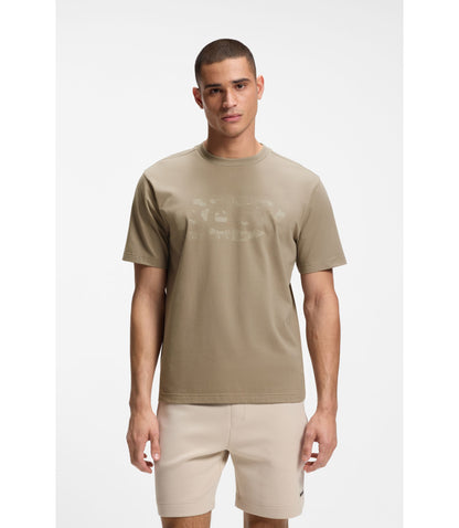 Boss Logo Artwork T Shirt In Stretch Cotton Light Green