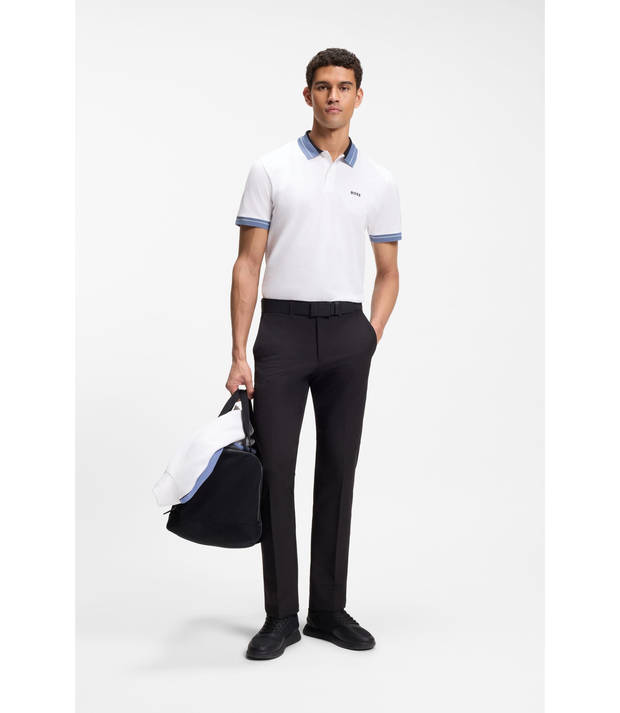 Boss Stripe Trim Polo Shirt In Stretch Cotton White