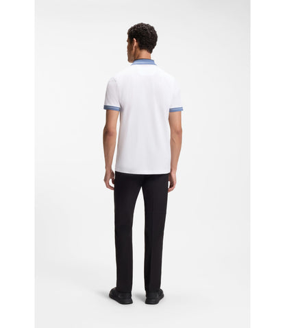 Boss Stripe Trim Polo Shirt In Stretch Cotton White