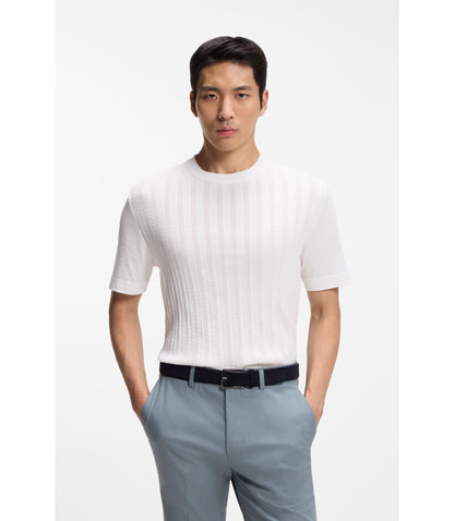 Boss Cable Knit T Shirt In Cotton And Silk White
