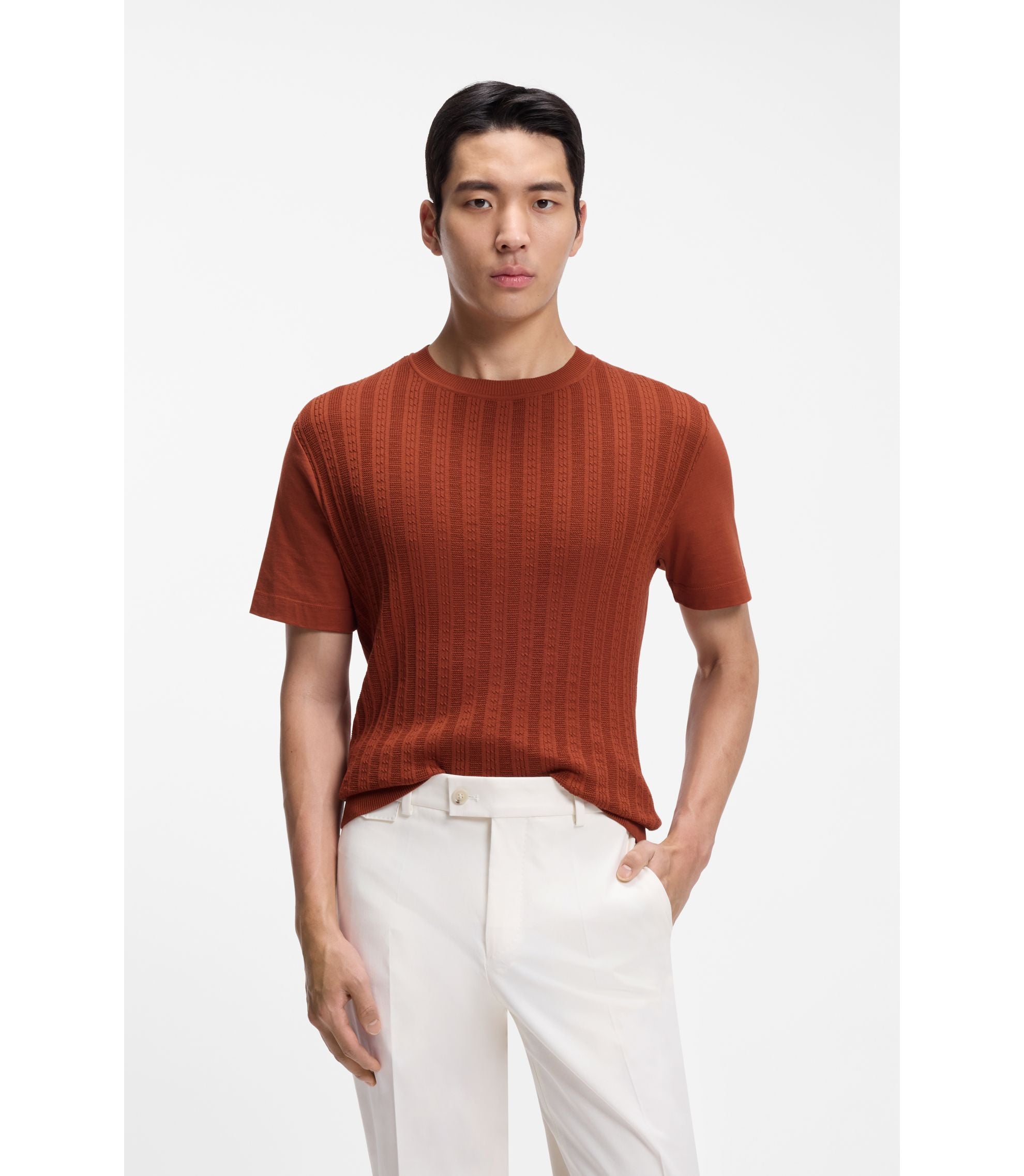 Boss Cable Knit T Shirt In Cotton And Silk Brown