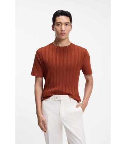Boss Cable Knit T Shirt In Cotton And Silk Brown