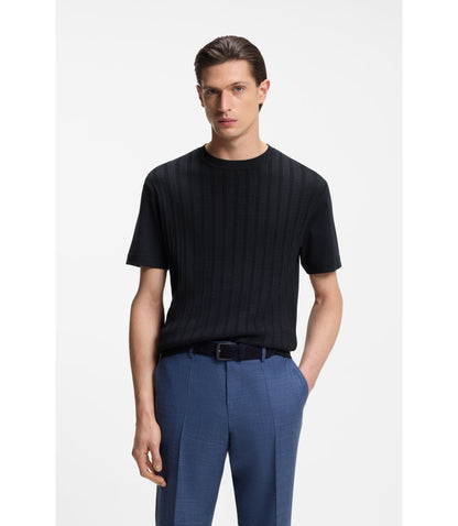 Boss Cable Knit T Shirt In Cotton And Silk Dark Blue
