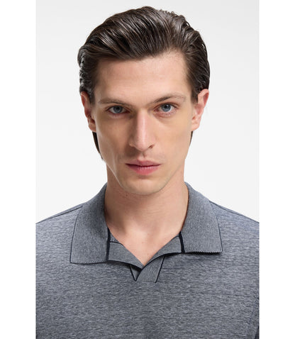 Boss Cotton Linen Polo Shirt With Johnny Collar Dark Blue