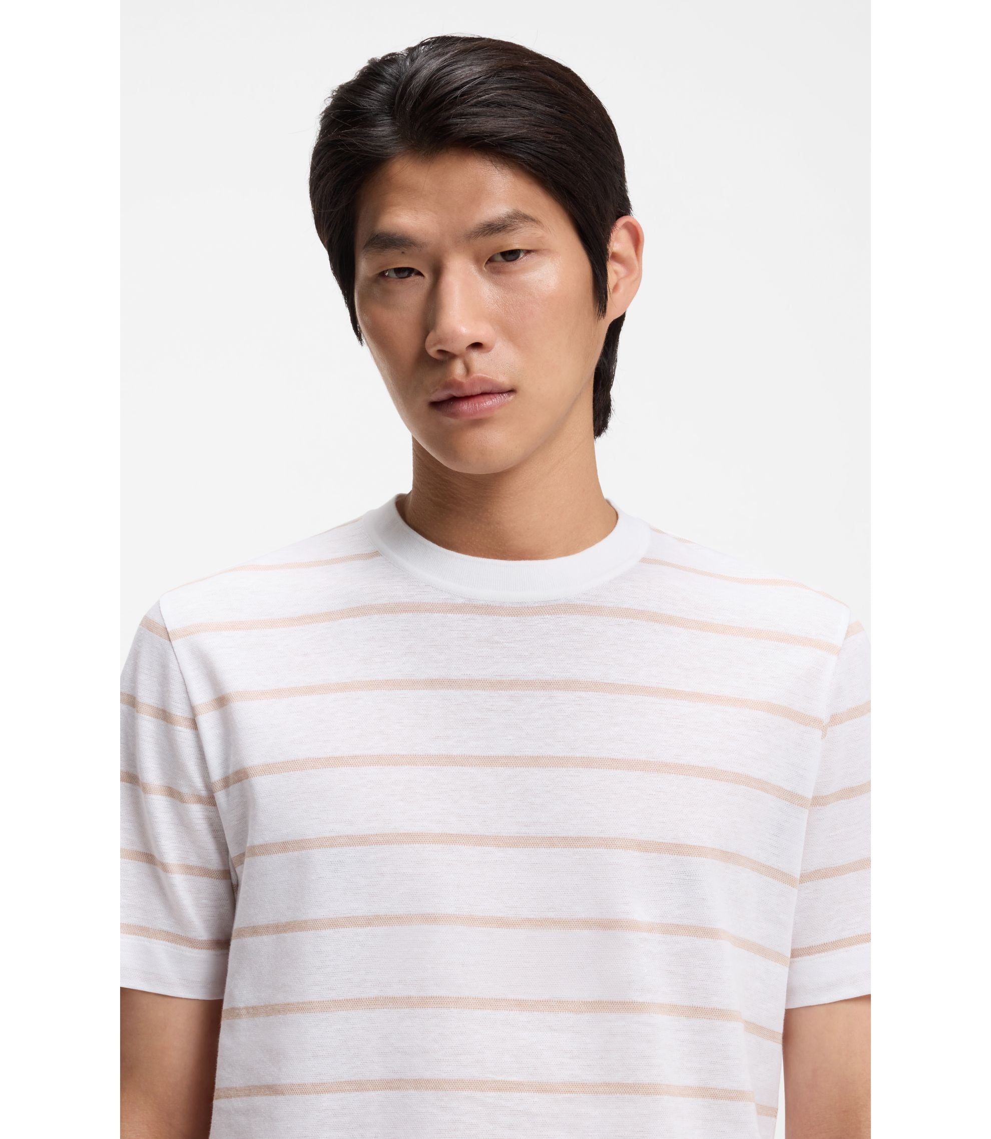 Boss Cotton Linen T Shirt With Horizontal Stripe White