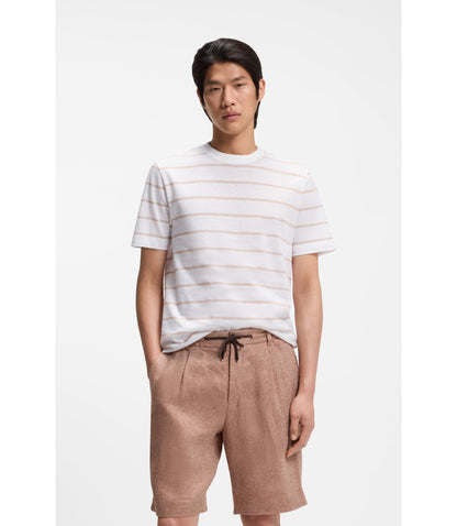 Boss Cotton Linen T Shirt With Horizontal Stripe White