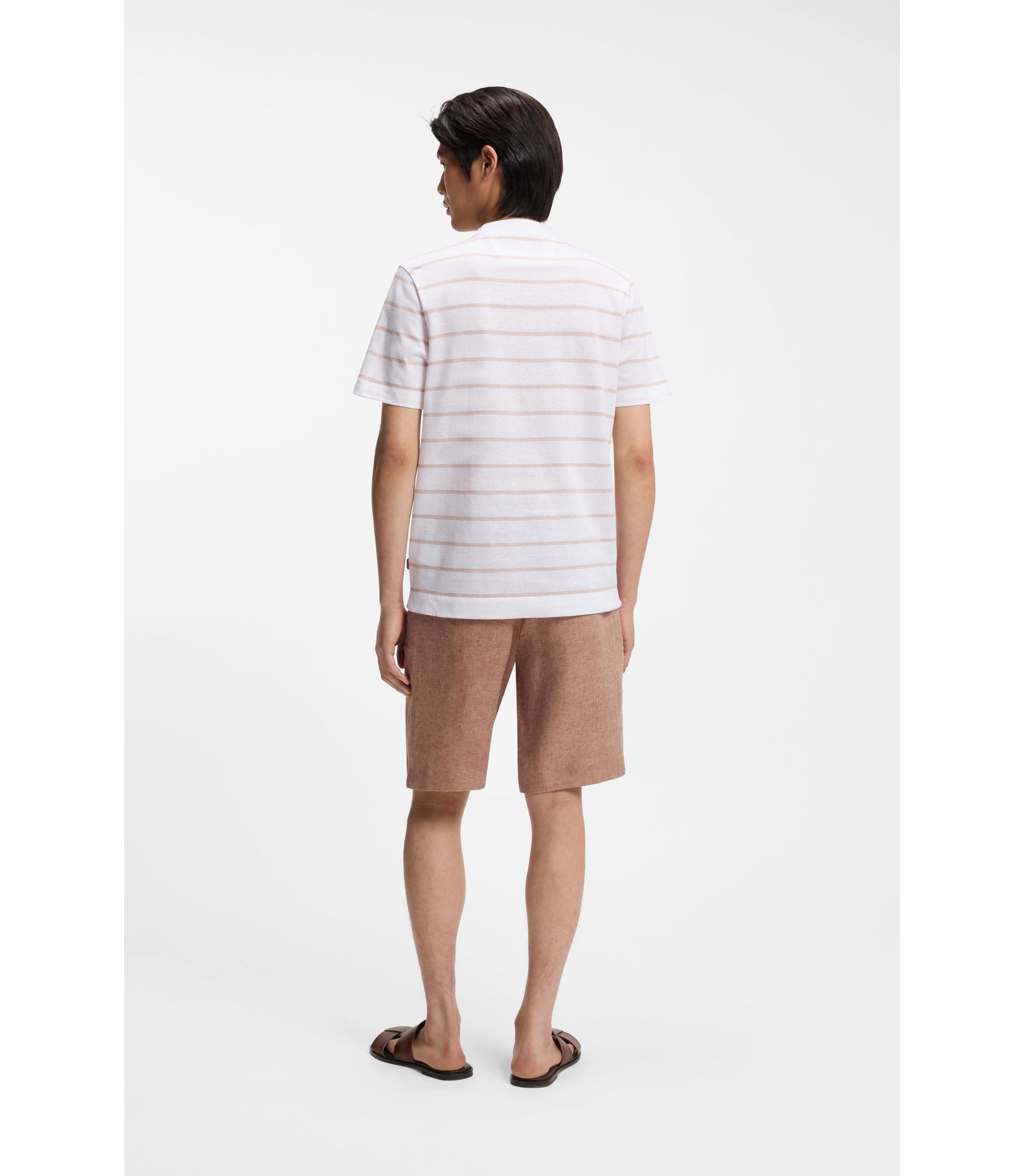 Boss Cotton Linen T Shirt With Horizontal Stripe White