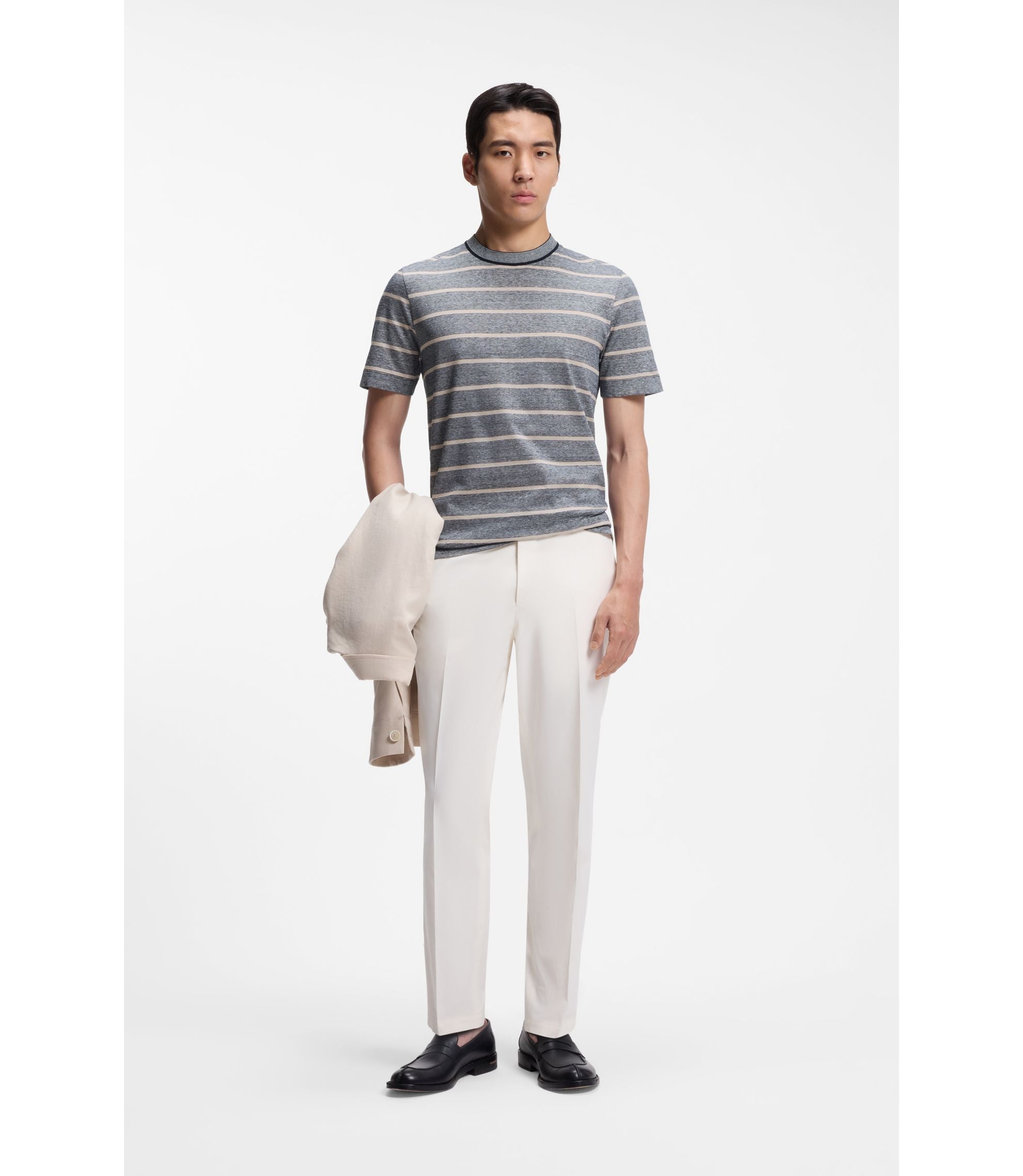Boss Cotton Linen T Shirt With Horizontal Stripe Dark Blue
