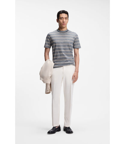 Boss Cotton Linen T Shirt With Horizontal Stripe Dark Blue