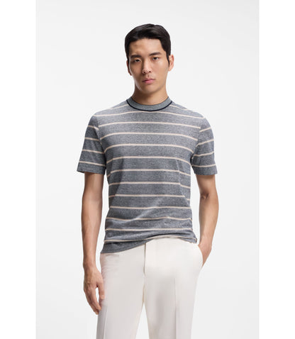 Boss Cotton Linen T Shirt With Horizontal Stripe Dark Blue
