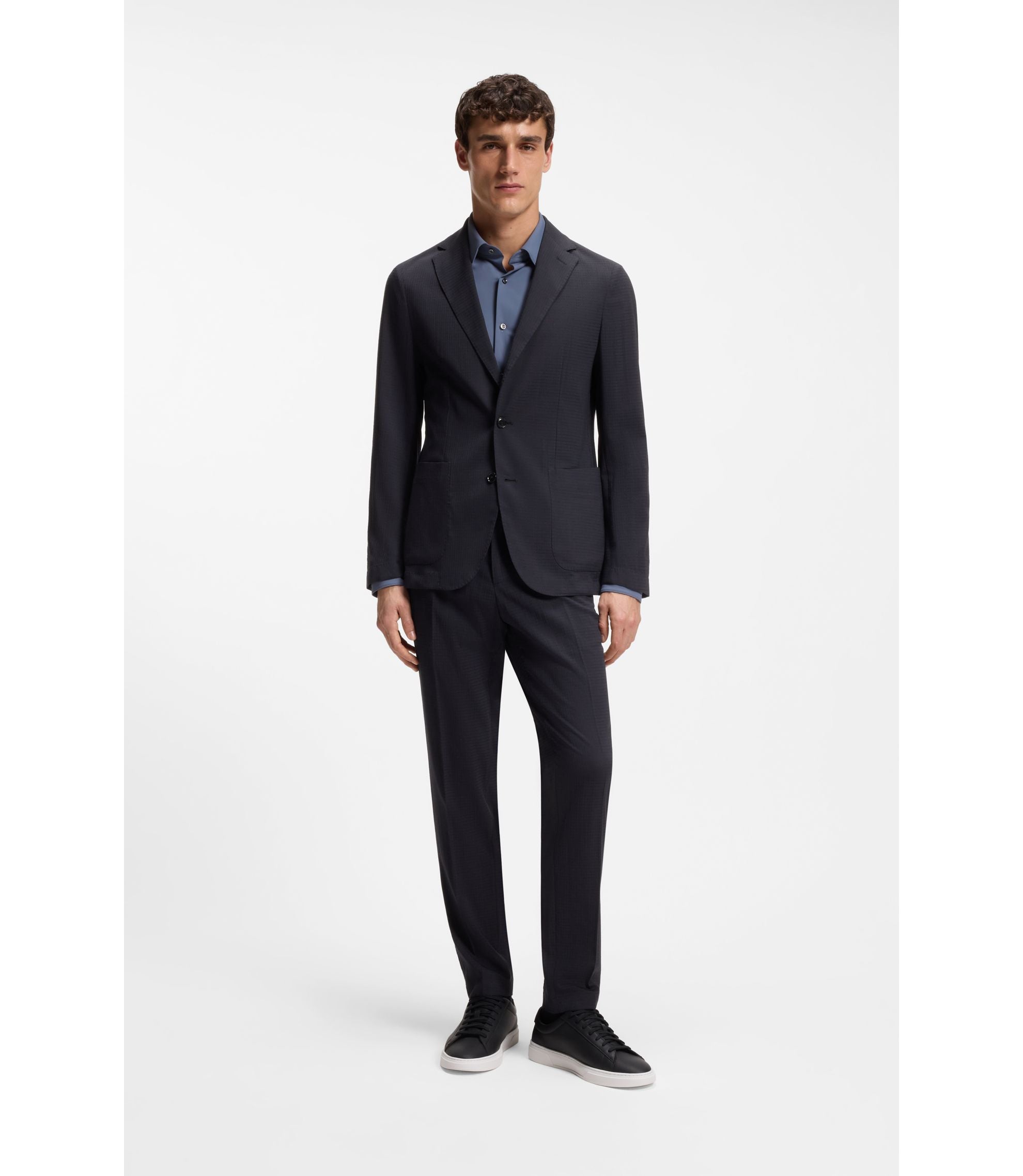 Boss Patterned Slim Fit Trousers In A Wool Blend Dark Blue