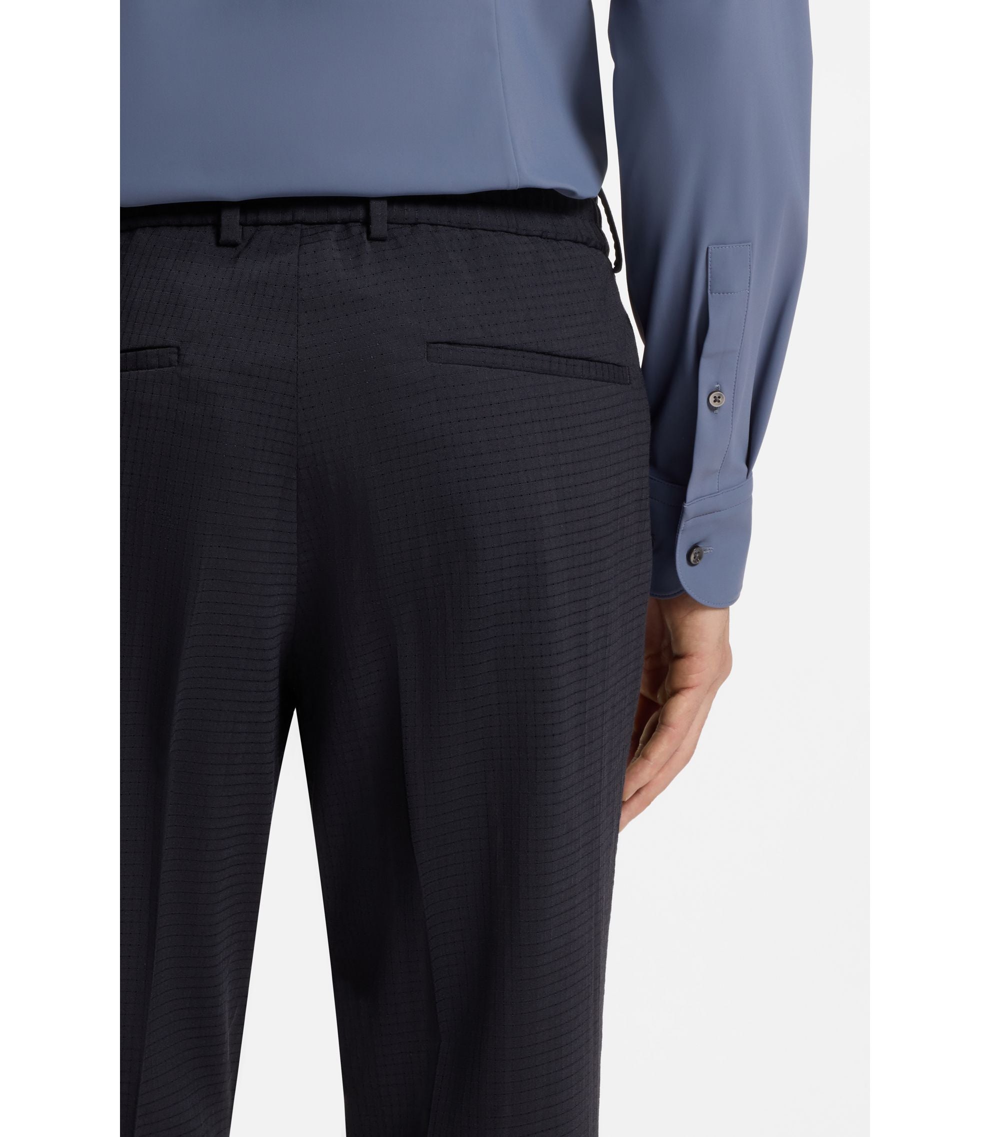 Boss Patterned Slim Fit Trousers In A Wool Blend Dark Blue