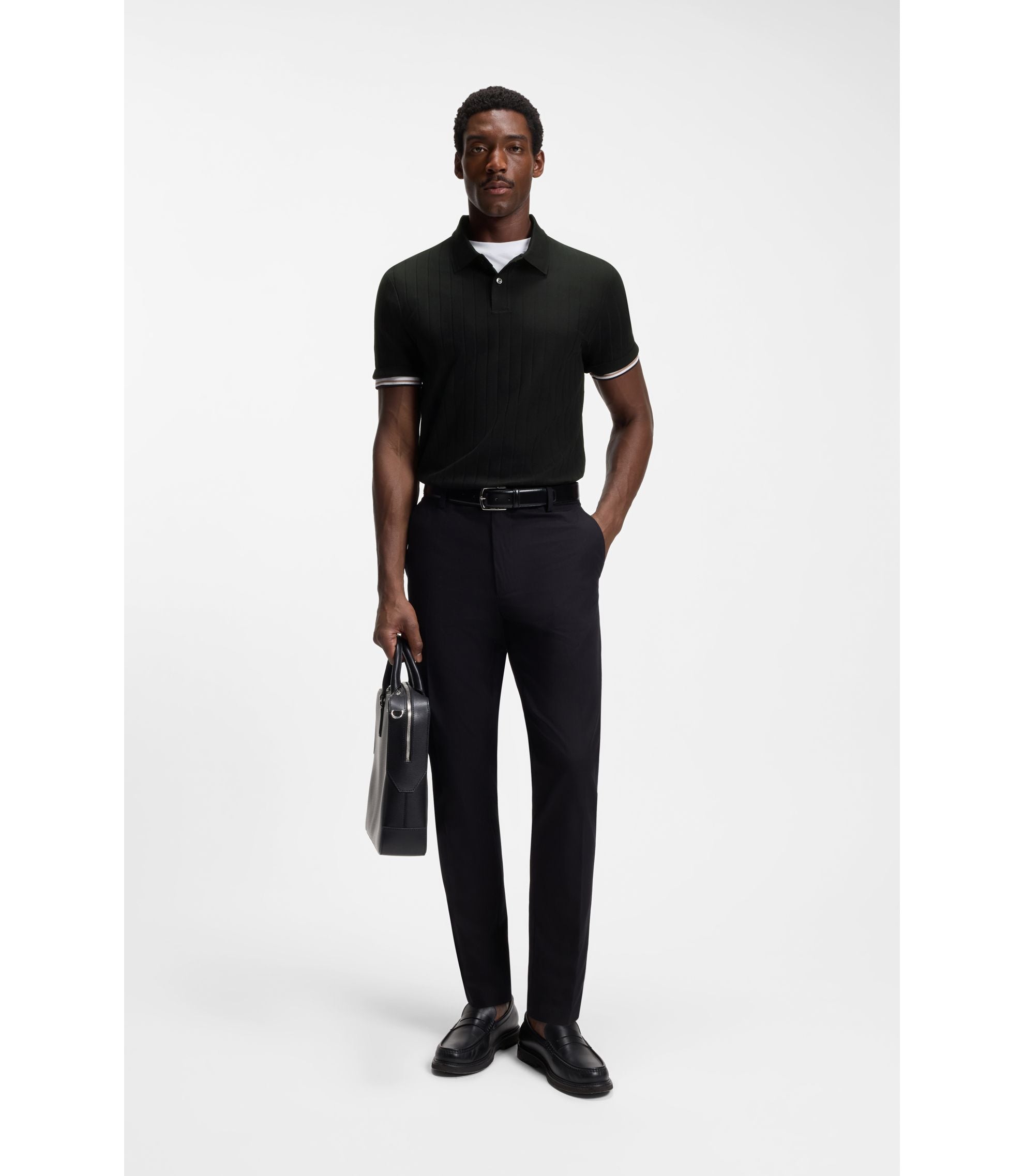 Boss Vertical Stripe Polo Shirt In Mercerised Cotton Black