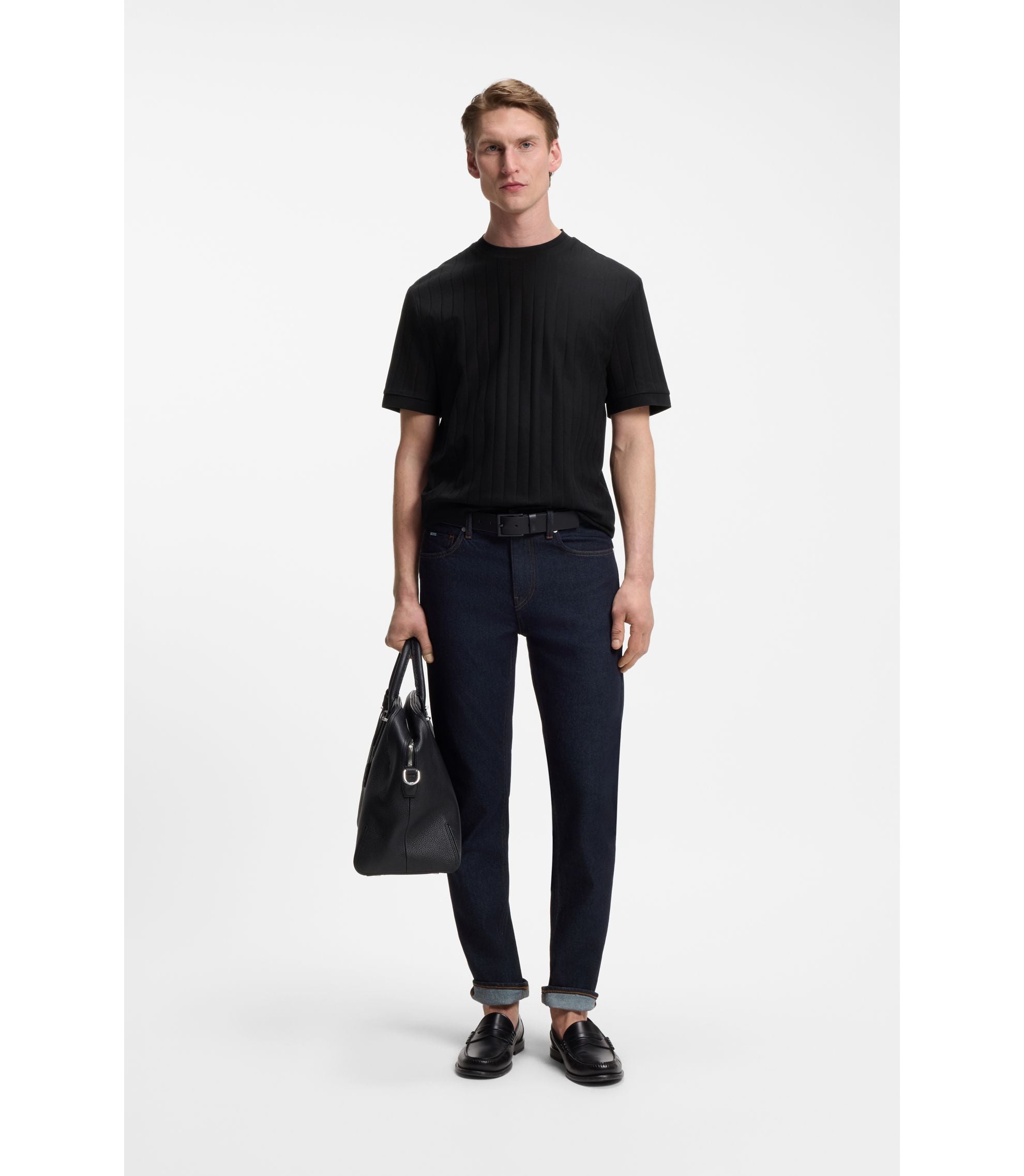 Boss Vertical Stripe T Shirt In Mercerised Cotton Black