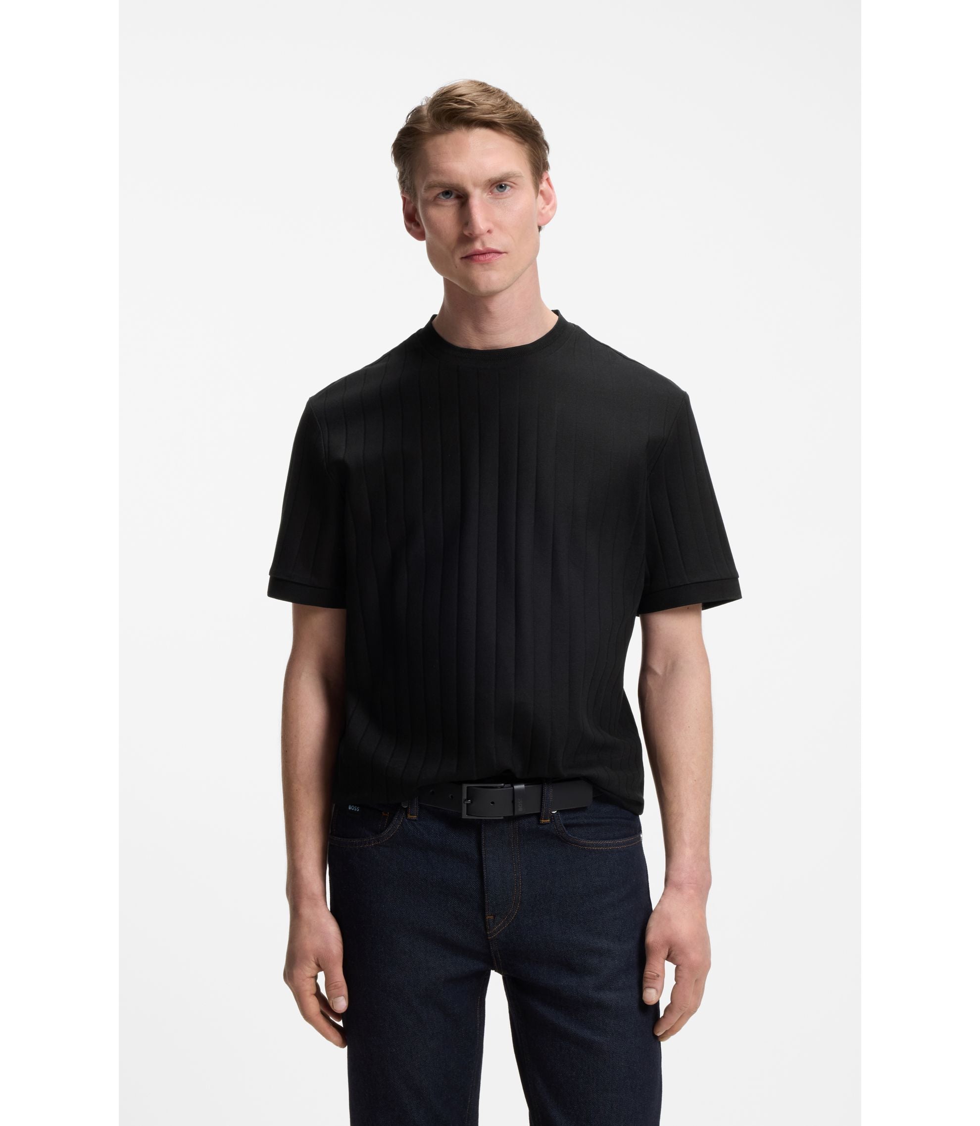 Boss Vertical Stripe T Shirt In Mercerised Cotton Black