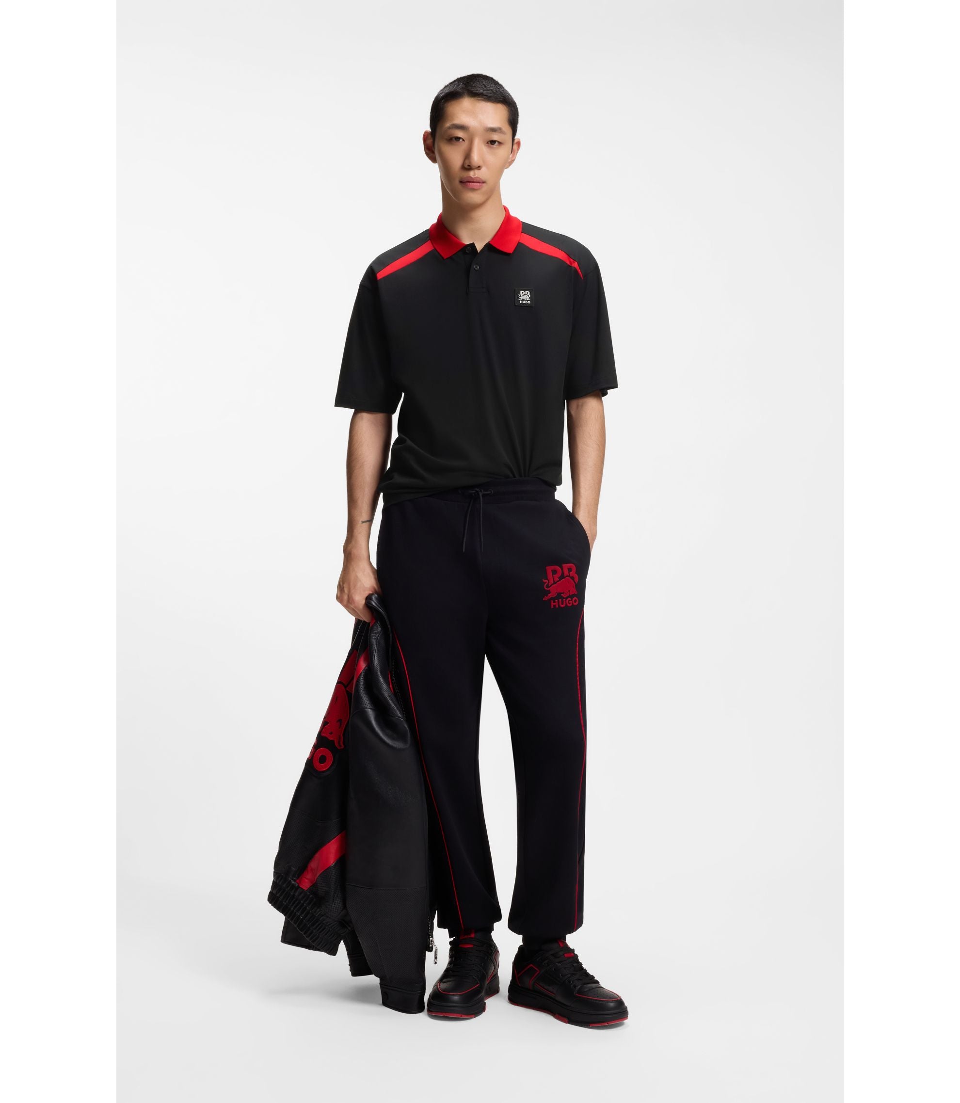 Hugo X Rb Stretch Cotton Polo Shirt With Bull Motif Black
