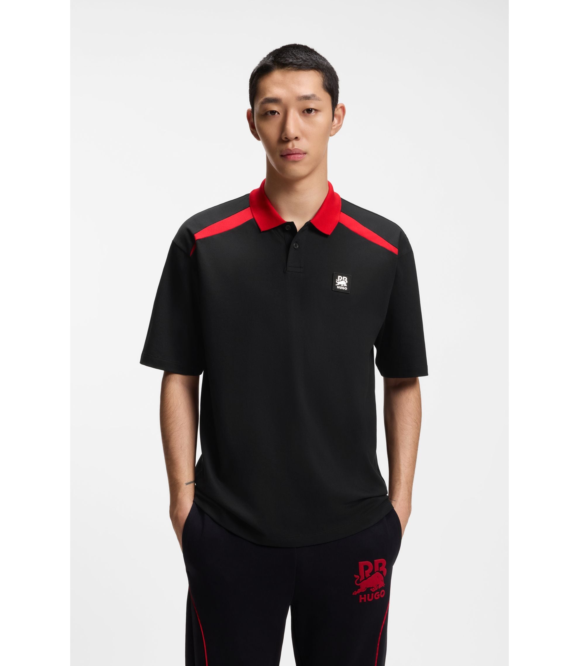 Hugo X Rb Stretch Cotton Polo Shirt With Bull Motif Black