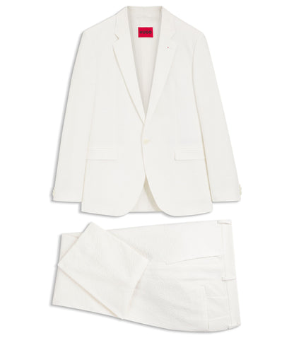 Hugo Three Piece Extra Slim Fit Suit In Stretch Cotton Seersucker White