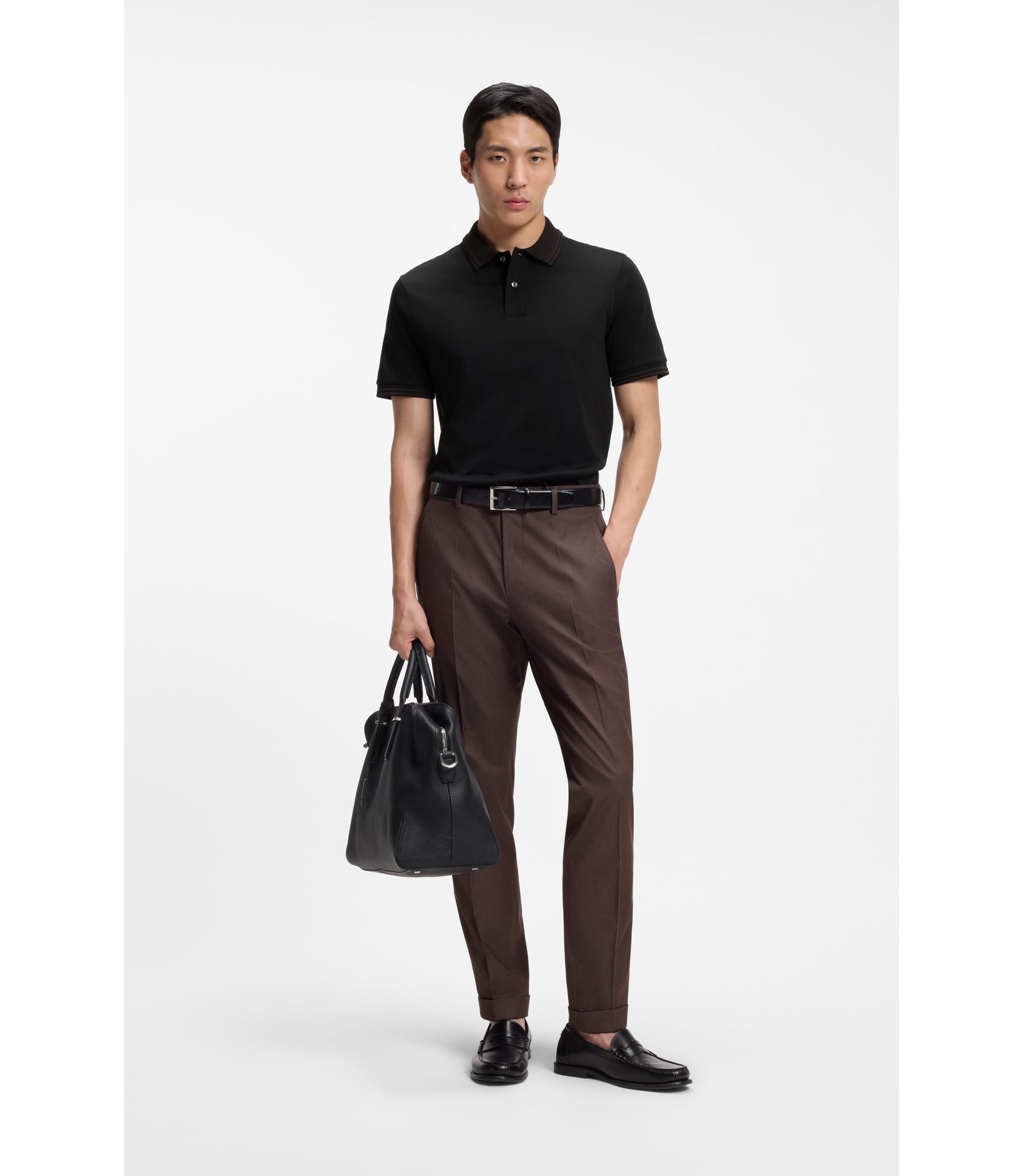 Boss Stripe Trim Slim Fit Polo Shirt In Mercerised Cotton Black