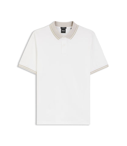 Boss Stripe Trim Slim Fit Polo Shirt In Mercerised Cotton White
