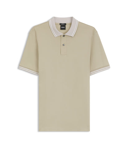 Boss Stripe Trim Slim Fit Polo Shirt In Mercerised Cotton Light Beige
