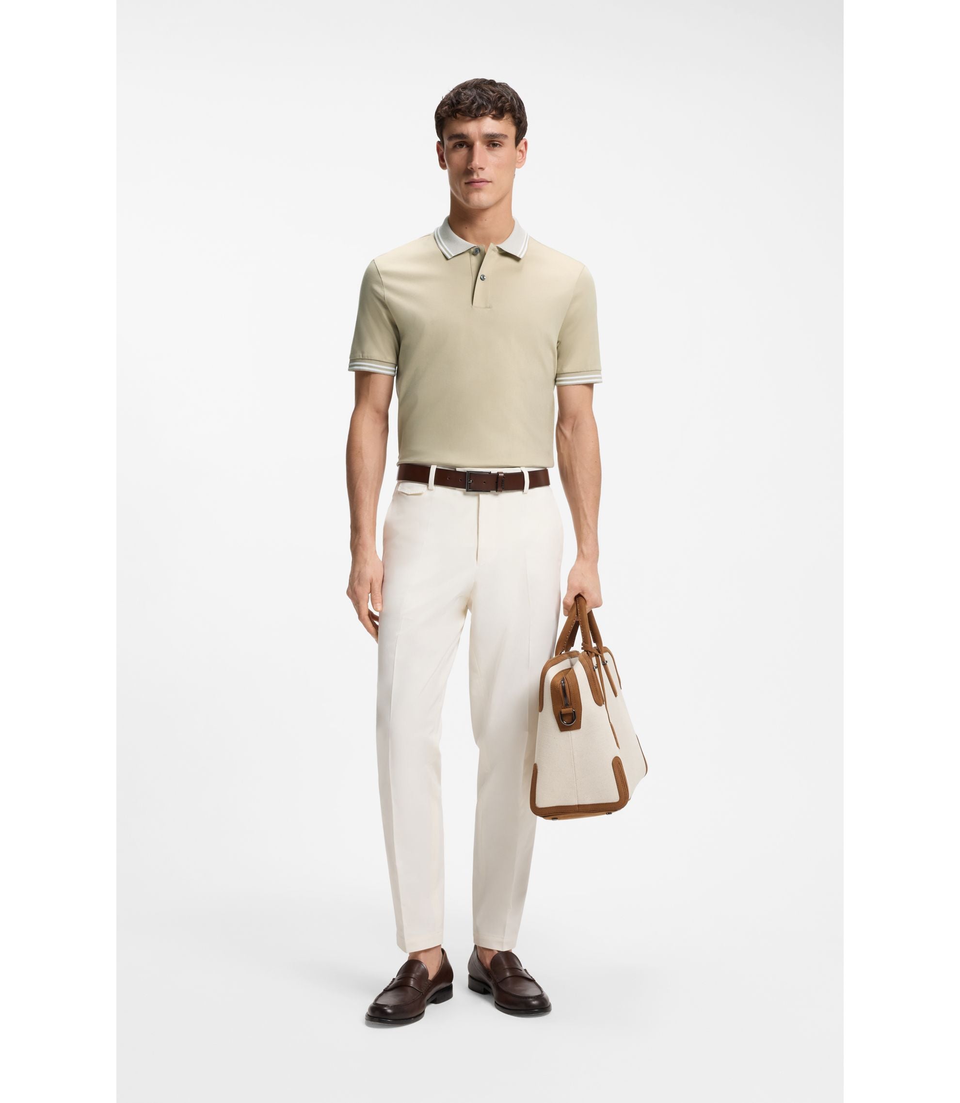 Boss Stripe Trim Slim Fit Polo Shirt In Mercerised Cotton Light Beige