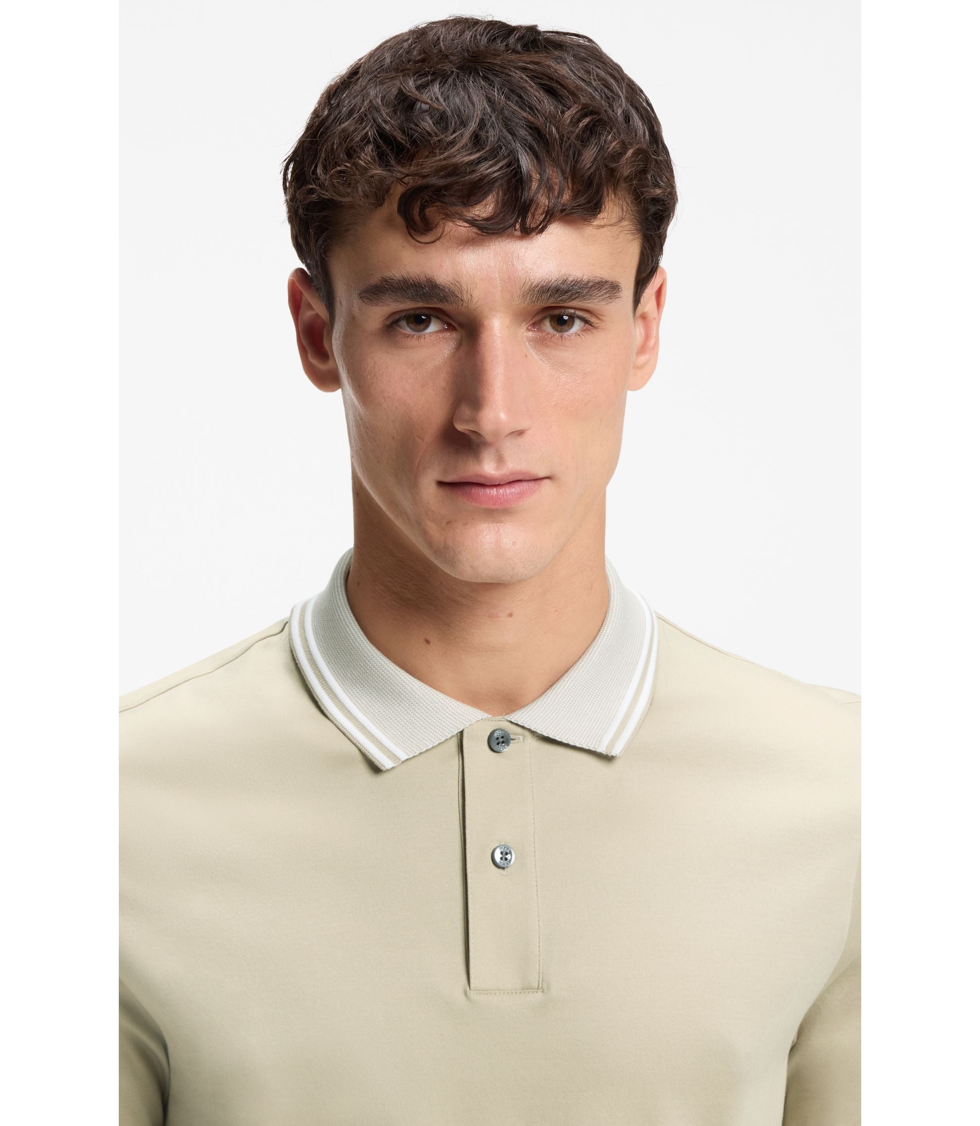 Boss Stripe Trim Slim Fit Polo Shirt In Mercerised Cotton Light Beige