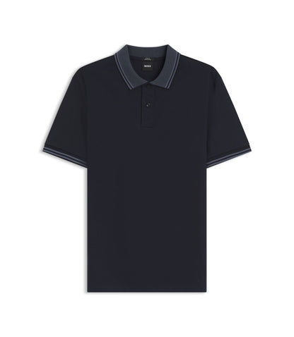 Boss Stripe Trim Slim Fit Polo Shirt In Mercerised Cotton Dark Blue