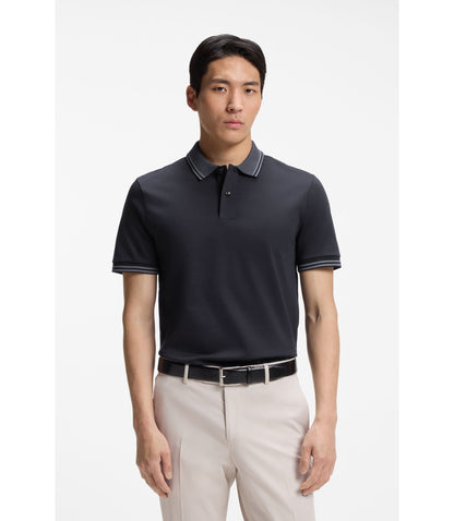 Boss Stripe Trim Slim Fit Polo Shirt In Mercerised Cotton Dark Blue