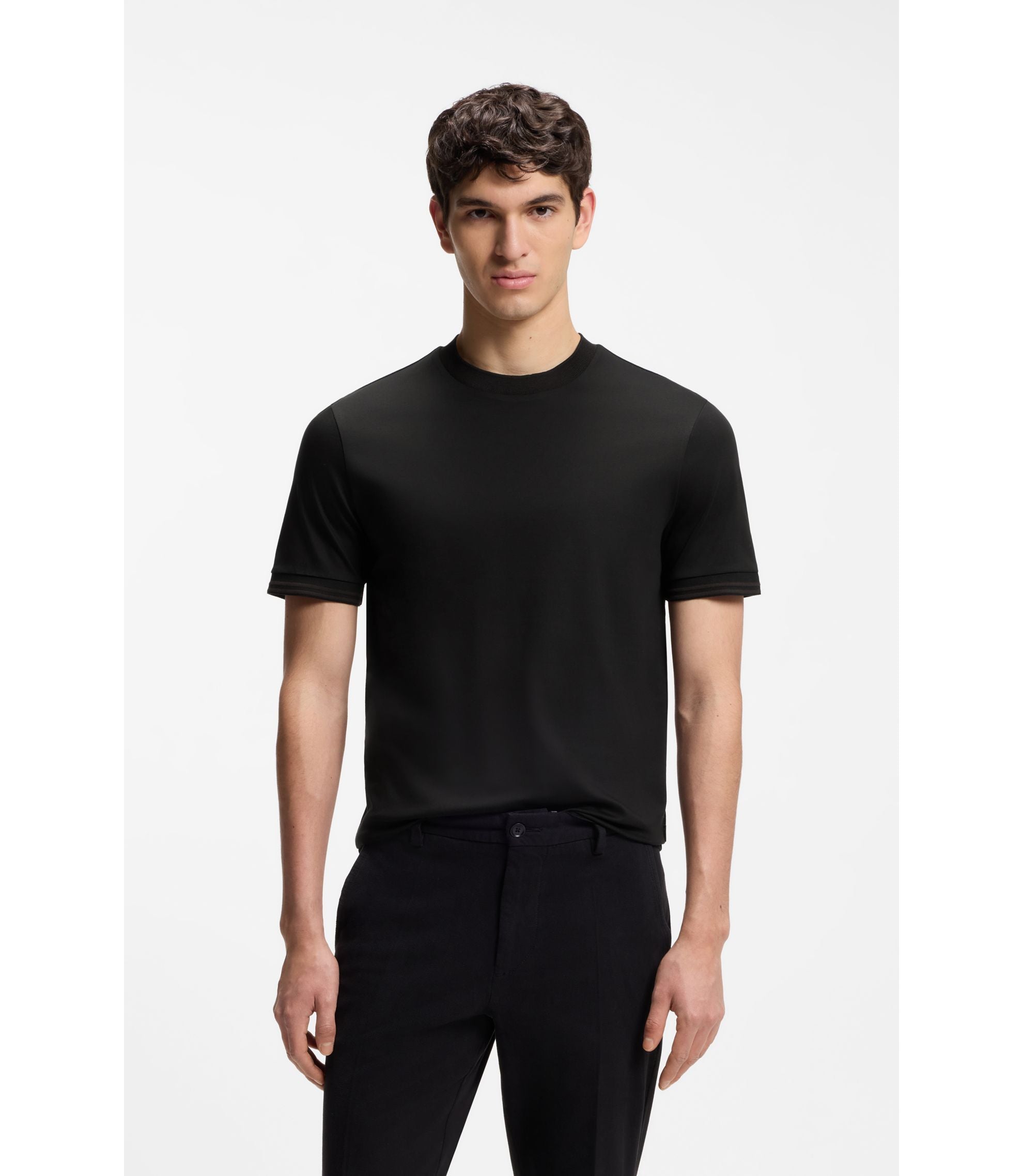 Boss Contrast Tipping Slim Fit T Shirt In Mercerised Cotton Black