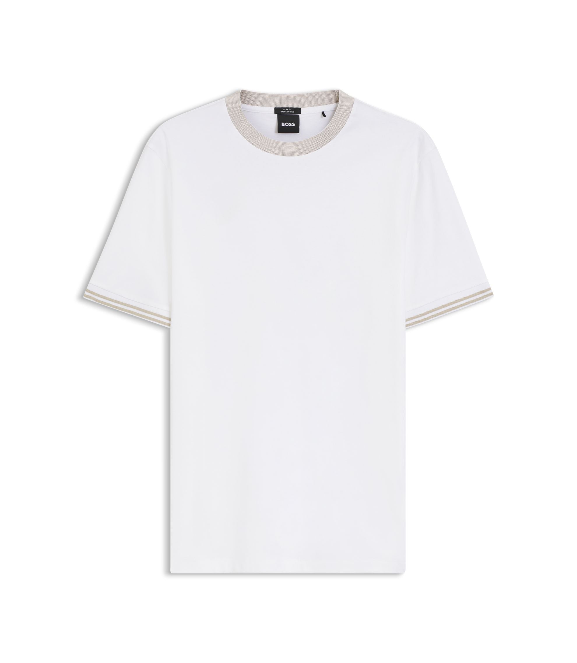 Boss Contrast Tipping Slim Fit T Shirt In Mercerised Cotton White