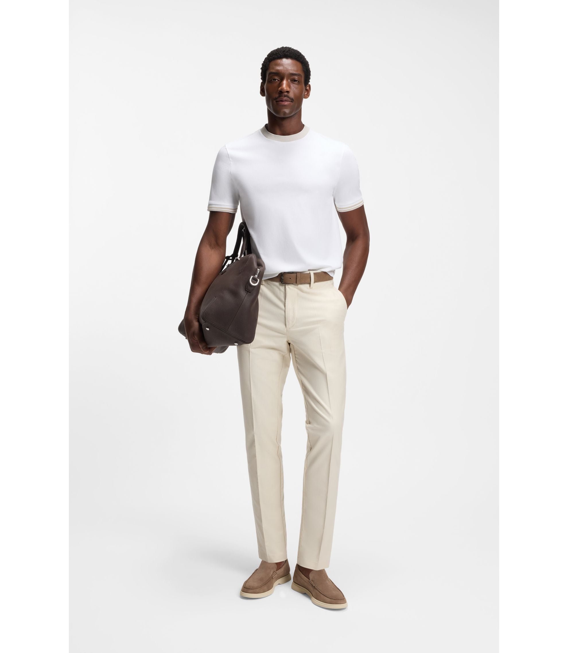 Boss Contrast Tipping Slim Fit T Shirt In Mercerised Cotton White