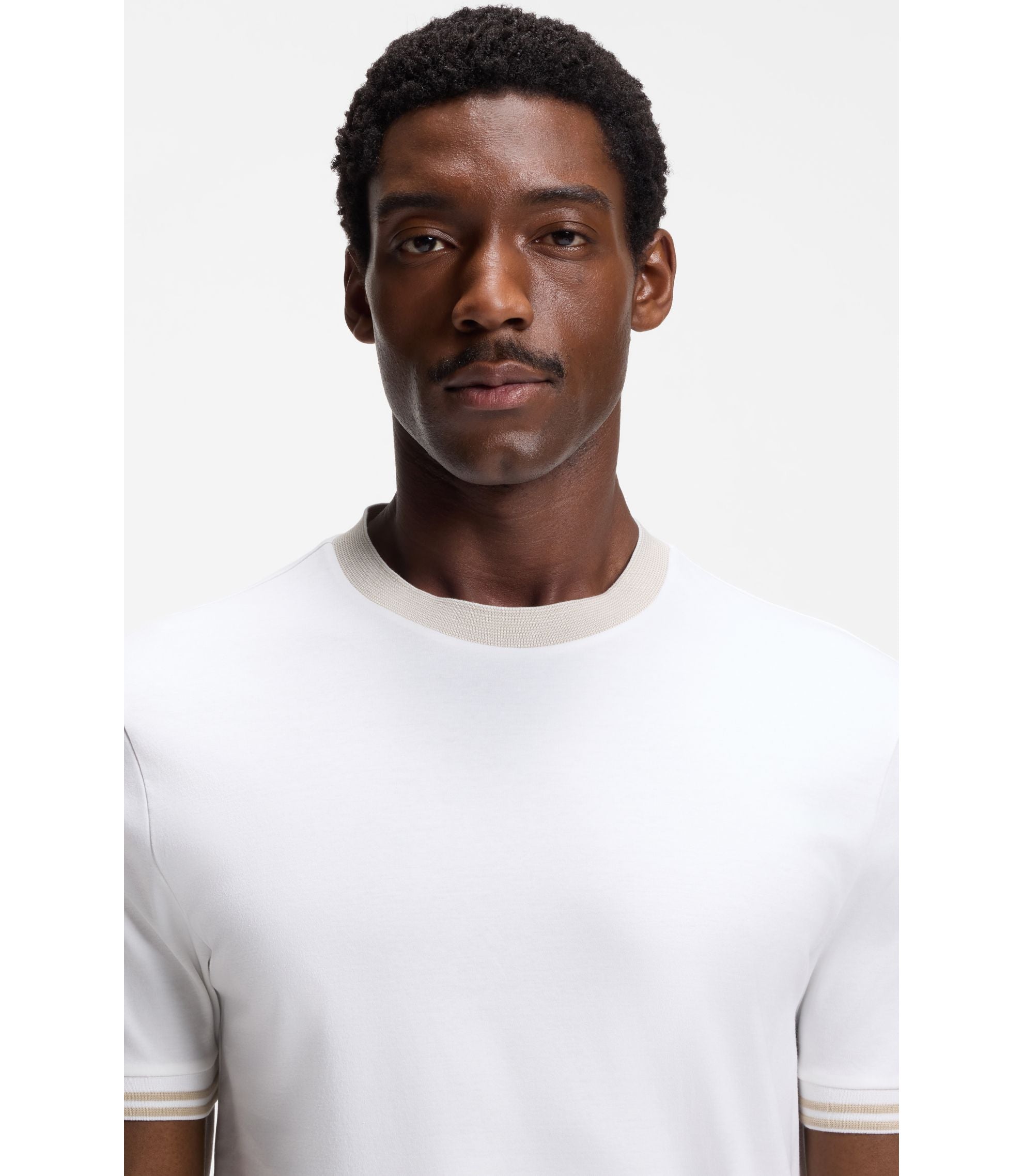Boss Contrast Tipping Slim Fit T Shirt In Mercerised Cotton White