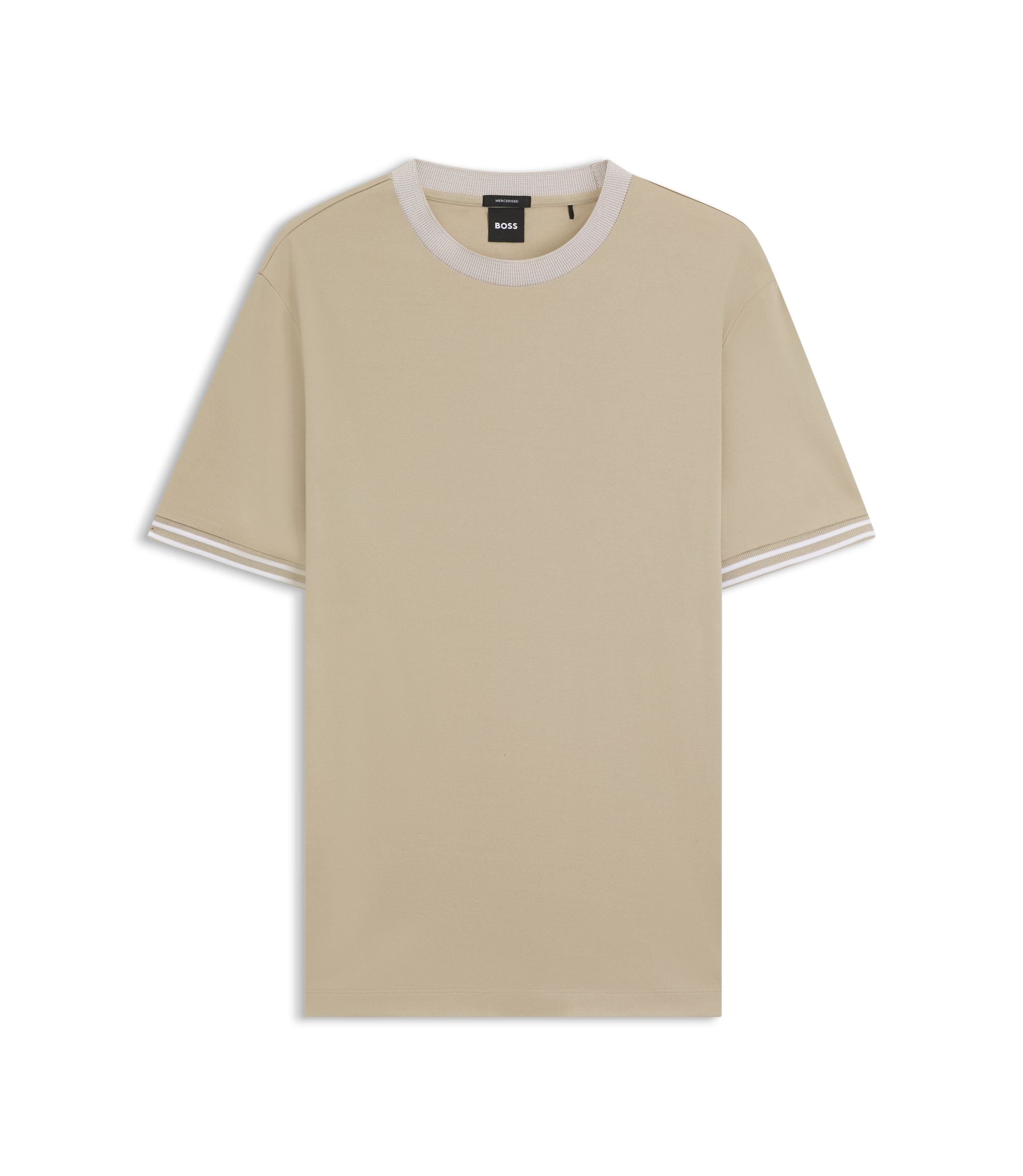 Boss Contrast Tipping Slim Fit T Shirt In Mercerised Cotton Light Beige