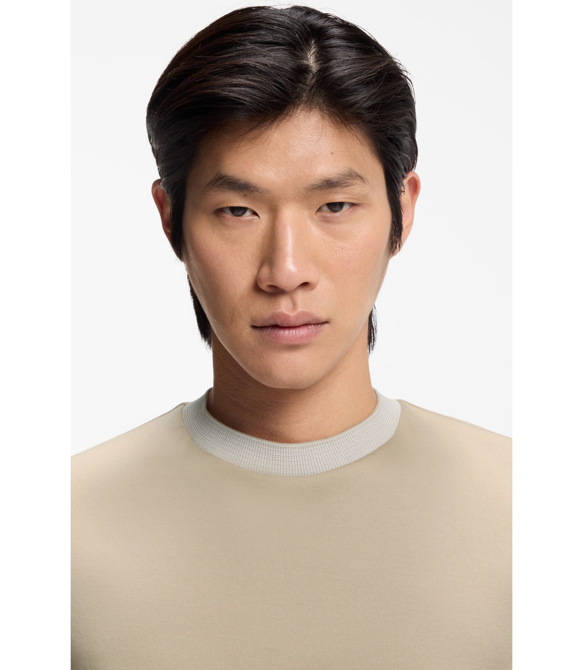 Boss Contrast Tipping Slim Fit T Shirt In Mercerised Cotton Light Beige