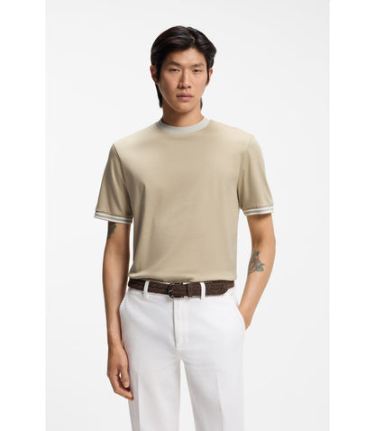 Boss Contrast Tipping Slim Fit T Shirt In Mercerised Cotton Light Beige