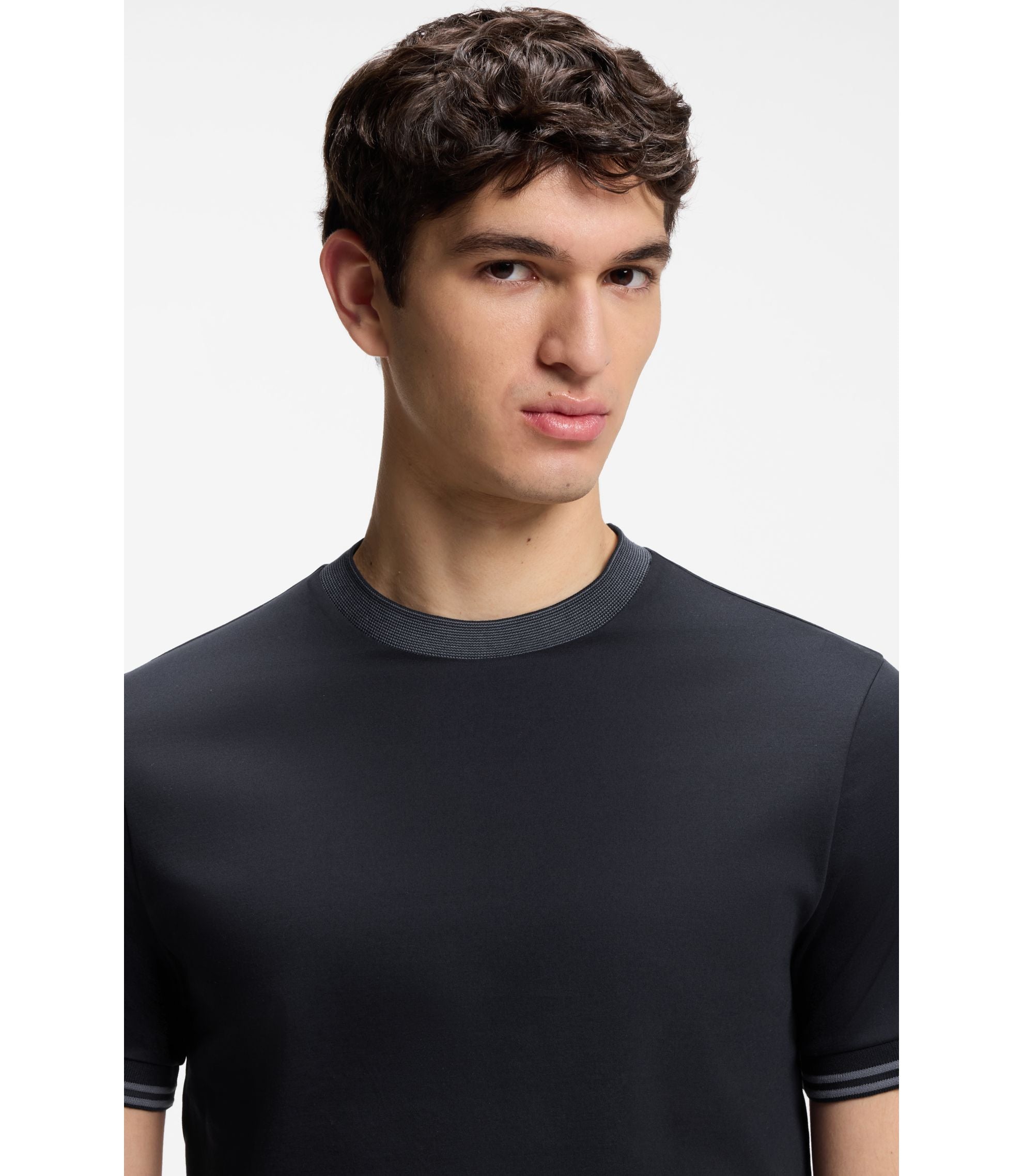 Boss Contrast Tipping Slim Fit T Shirt In Mercerised Cotton Dark Blue