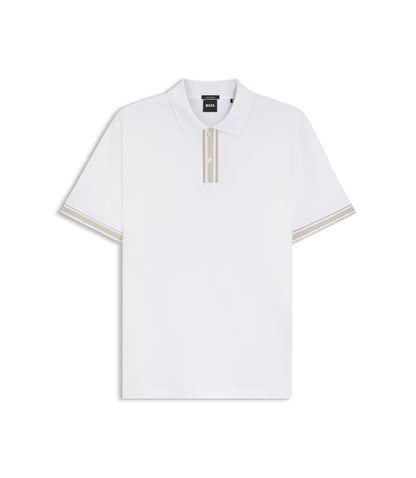 Boss Striped Trim Polo Shirt In Mercerised Cotton White