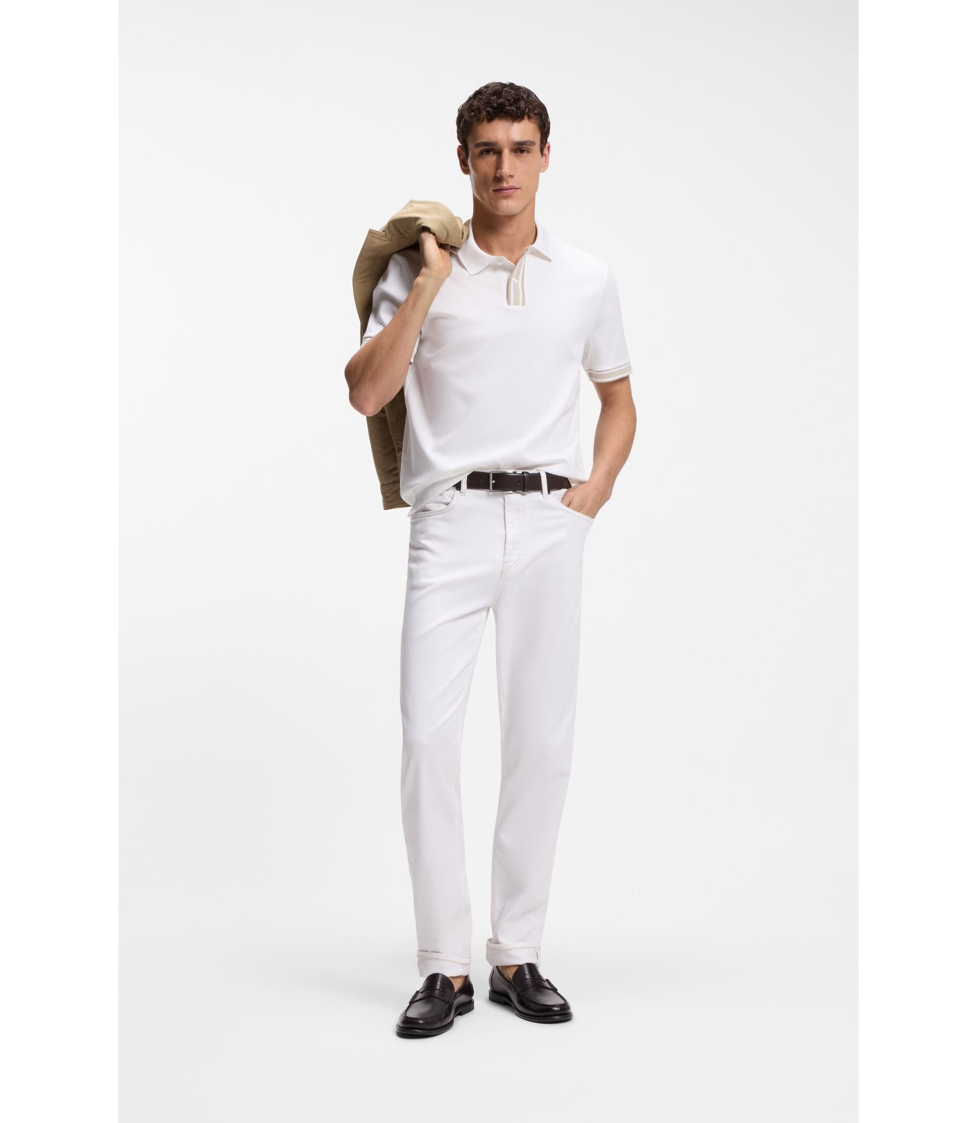 Boss Striped Trim Polo Shirt In Mercerised Cotton White