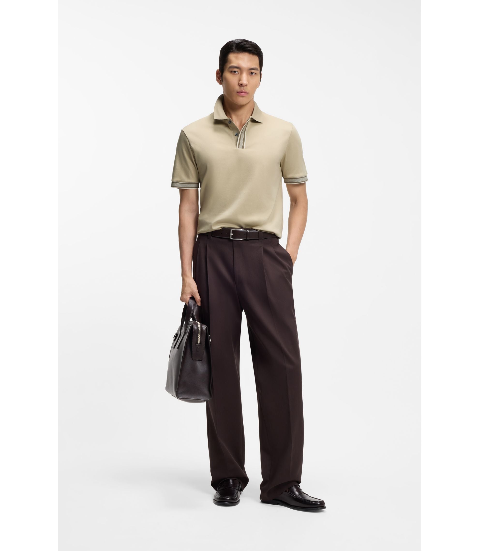 Boss Striped Trim Polo Shirt In Mercerised Cotton Light Beige