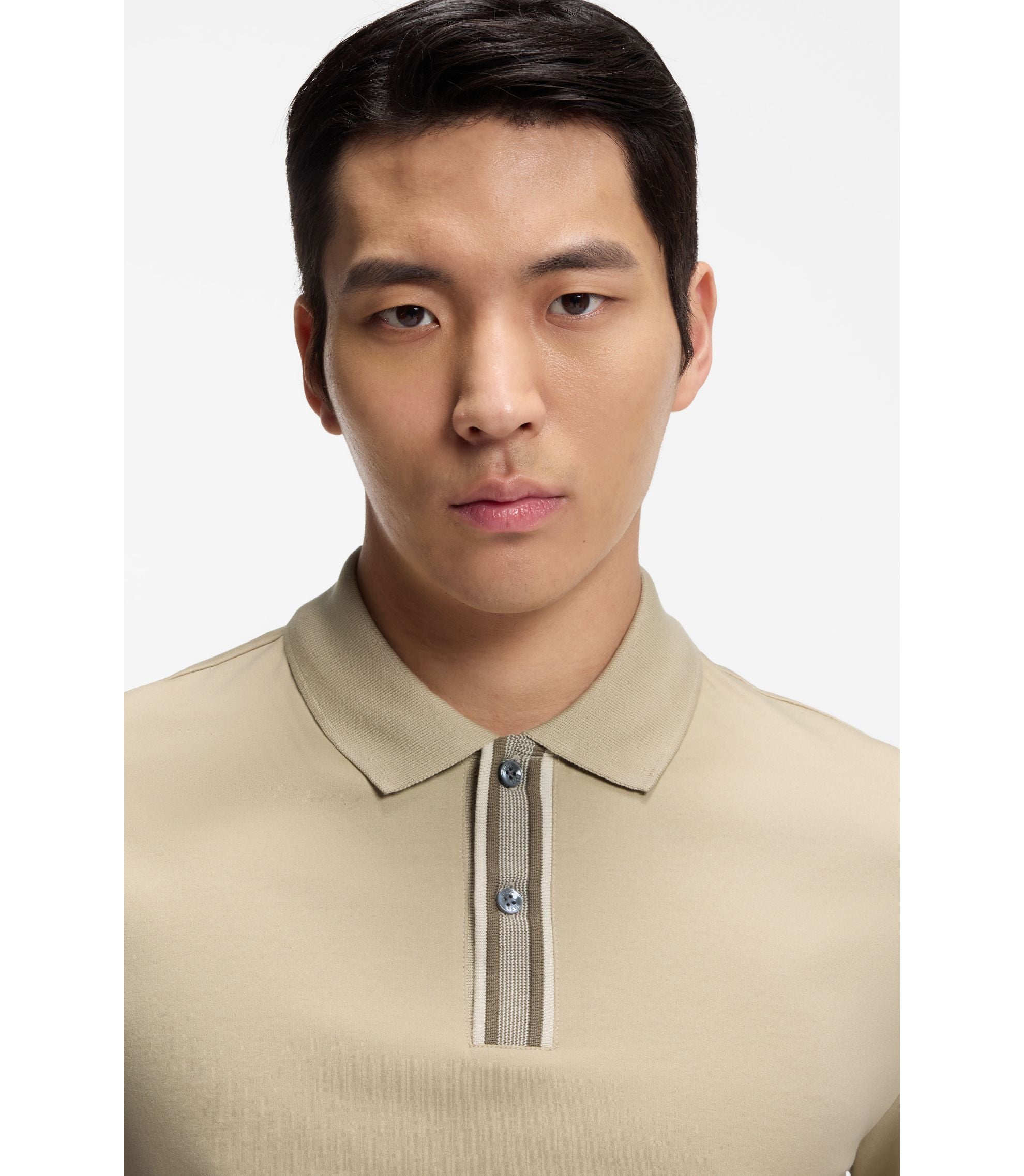 Boss Striped Trim Polo Shirt In Mercerised Cotton Light Beige